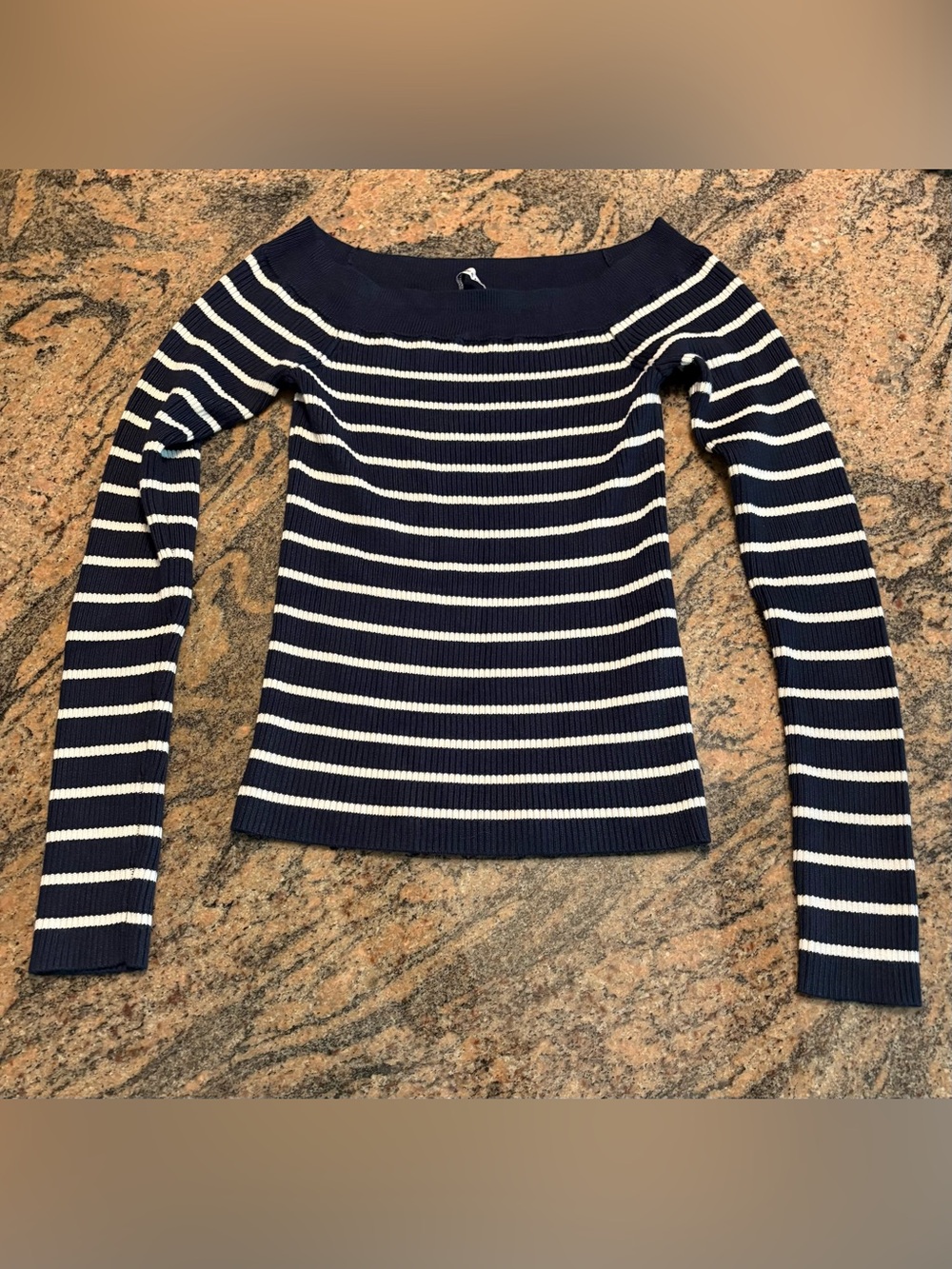 Abercrombie & Fitch Navy & White Striped Off-The-Shoulder Knit Sweater Size S